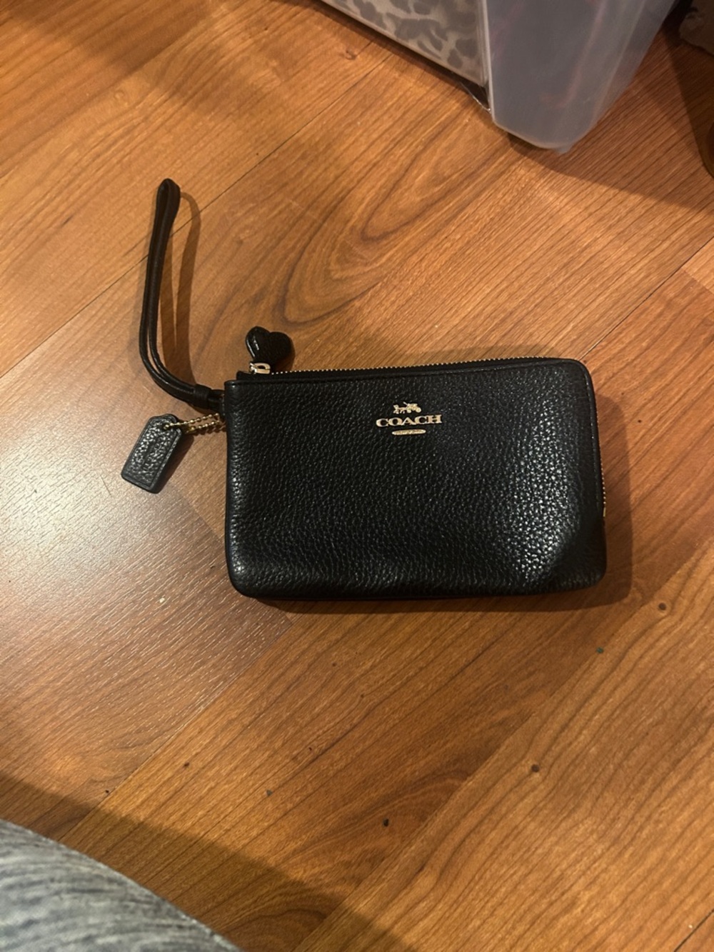 Coach Black Pebbled Leather Zip Wristlet with Gold Logo